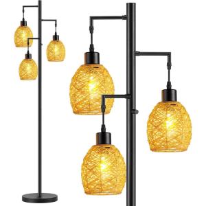 imageSUNMORY Farmhouse Industrial Floor Lamp for Living Room Standing Tree Floor Lamp with 3 Edison Led Bulbs Rustic Floor Lamps for Living Room Bedroom Black Floor Tall Lamp for Living Room OfficeBlackRattan Shade