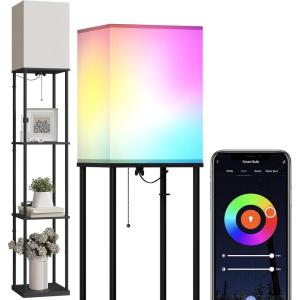 imageSUNMORY Floor Lamp with Shelves Modern Square Shelf Lamps Display Shelf Standing Lamp with 3 Color Temperature Bulb Corner Bookshelf Lamps for Living Room and Bedroom Office Home DecorBlack APP