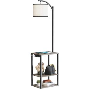 imageSUNMORY Floor Lamp with Table End Table with Lamp Shelves Charging StationUSB ampamp AC Port 3Color Temperature LED Bulb Side Table Lamps for Living Room Bedroom Office Rustic BrownGrey Oak