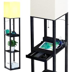 imageSUNMORY Shelf Lamp with Remote Control Stepless Color Temperature ampamp Dimmable Floor Lamp with Shelves with 2 Usb Charging Ports and 2Hole Socket Solid Wood Tall Lamps for Living Room BedroomBlackBlack