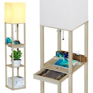 imageSUNMORY Shelf Lamp with Remote Control Stepless Color Temperature ampamp Dimmable Floor Lamp with Shelves with 2 Usb Charging Ports and 2Hole Socket Solid Wood Tall Lamps for Living Room BedroomBlackWood