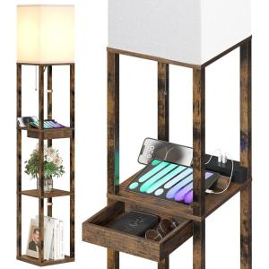 imageSUNMORY Shelf Lamp with Remote Control Stepless Color Temperature ampamp Dimmable Floor Lamp with Shelves with 2 Usb Charging Ports and 2Hole Socket Solid Wood Tall Lamps for Living Room BedroomBlackRustic Browm