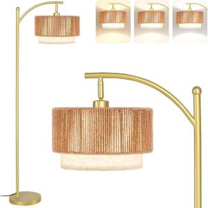imageSUNMORY Floor Lamps for Living Room with 12W LED Bulb Arc Floor Lamp with 3 Color Temperatures Farmhouse Floor Lamps with Adjustable Rattan ampamp Fabric Shades Boho Standing Lamp for Bedroom CornerGold