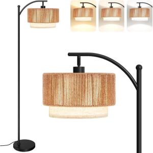 imageSUNMORY Floor Lamps for Living Room with 12W LED Bulb Arc Floor Lamp with 3 Color Temperatures Farmhouse Floor Lamps with Adjustable Rattan ampamp Fabric Shades Boho Standing Lamp for Bedroom CornerBlack