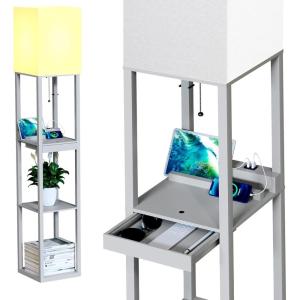 imageSUNMORY Floor Lamp with ShelvesModern Dimmable Solid Wood Standing Lamp with 1 Drawer and 2 USB Ports ampamp 2 Power OutletCorner Tall Bookshelf Lamp for Living Room and BedroomGreyGrey