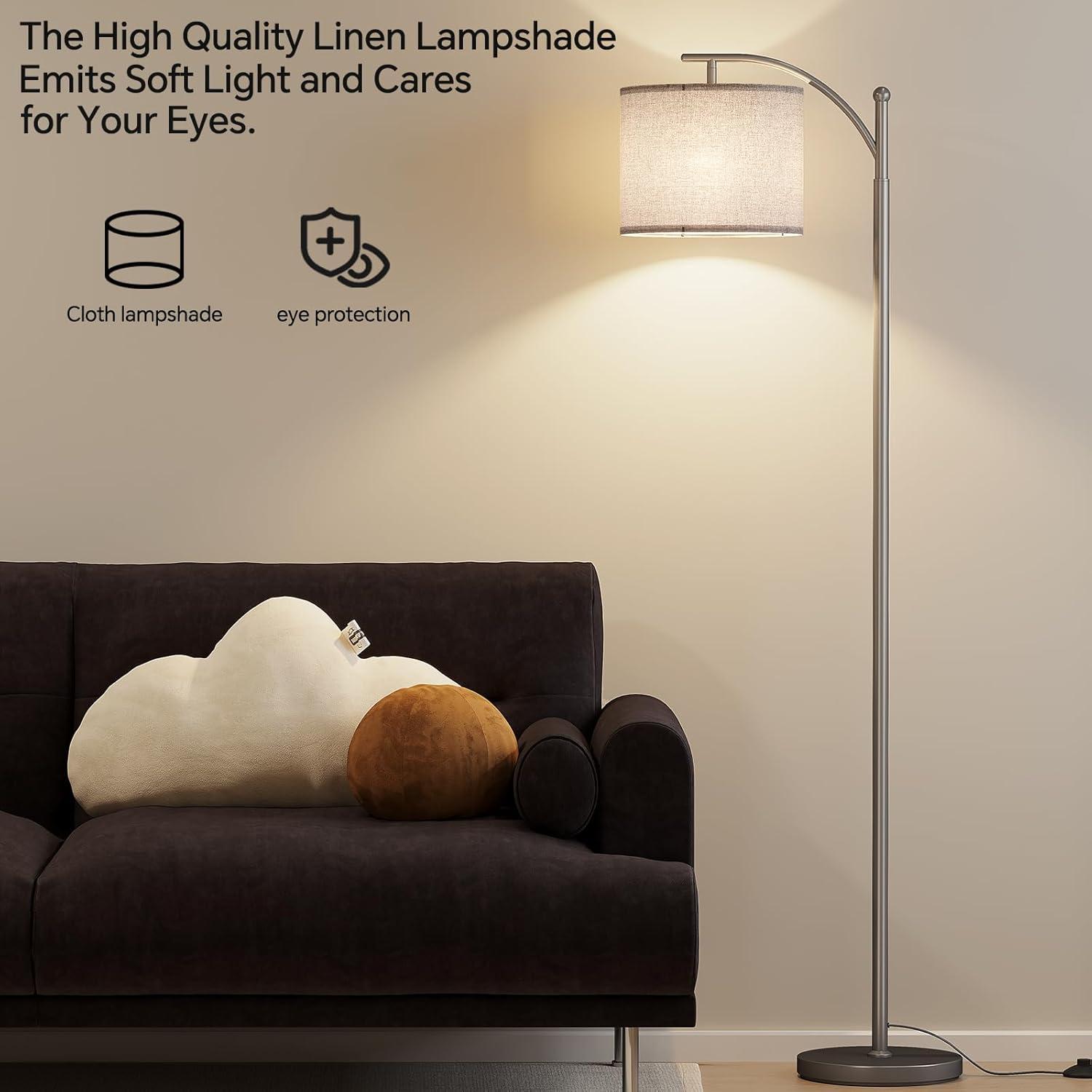 imageSUNMORY Arc Floor Lamp Modern Floor Lamp with Romote Control and Stepless Dimmable Bulb Metal Standing Lamps with Hanging Lampshade for Living Room Bedroom Office GoldGray Without Remote