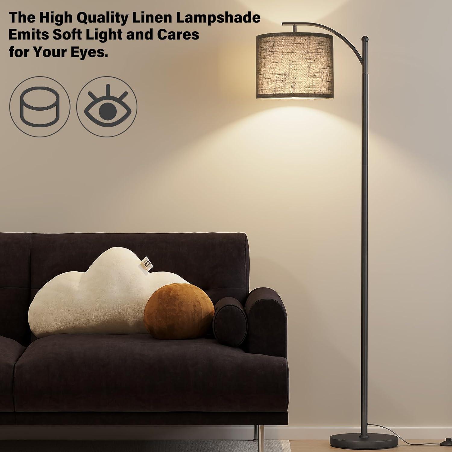 imageSUNMORY Arc Floor Lamp Modern Floor Lamp with Romote Control and Stepless Dimmable Bulb Metal Standing Lamps with Hanging Lampshade for Living Room Bedroom Office GoldBlack 12W with black lampshade