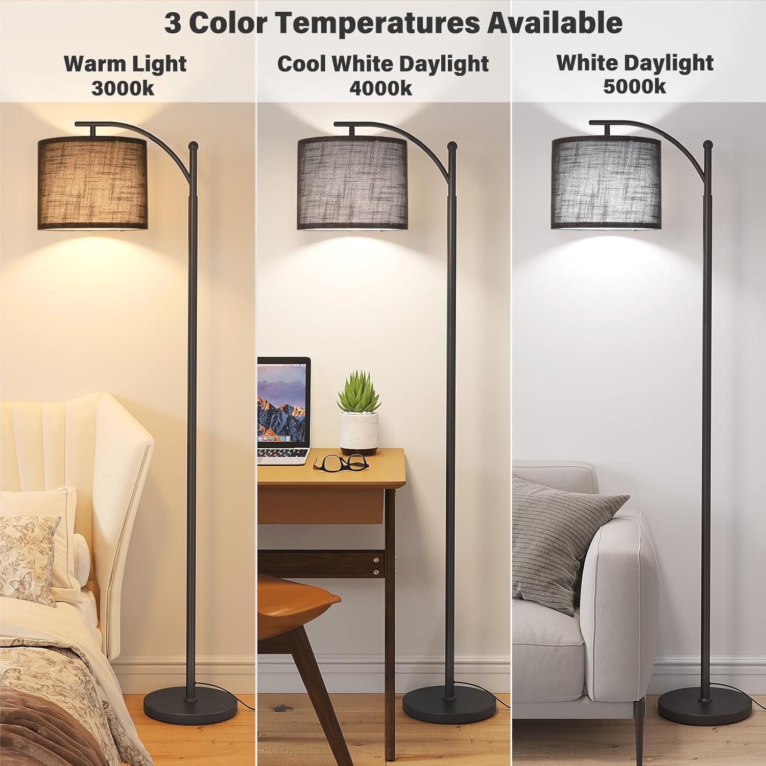 imageSUNMORY Arc Floor Lamp Modern Floor Lamp with Romote Control and Stepless Dimmable Bulb Metal Standing Lamps with Hanging Lampshade for Living Room Bedroom Office GoldBlack 12W with black lampshade
