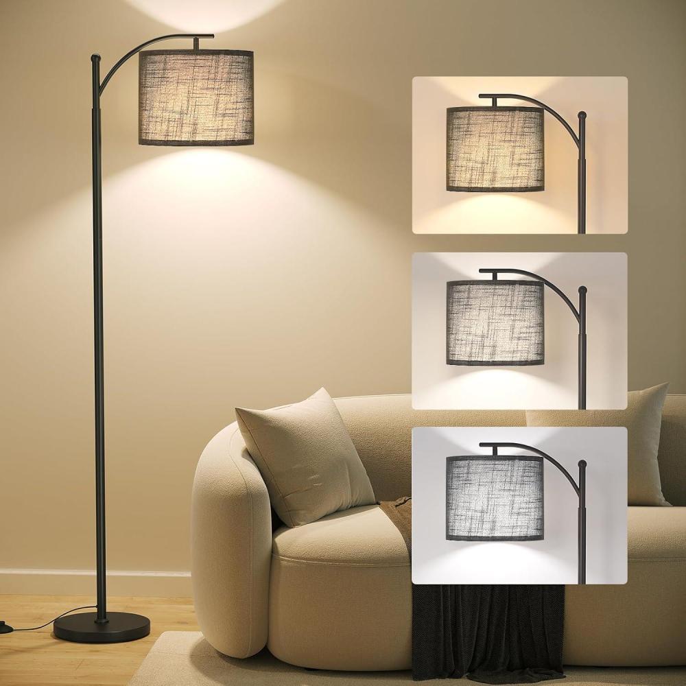 imageSUNMORY Arc Floor Lamp Modern Floor Lamp with Romote Control and Stepless Dimmable Bulb Metal Standing Lamps with Hanging Lampshade for Living Room Bedroom Office GoldBlack 12W with black lampshade